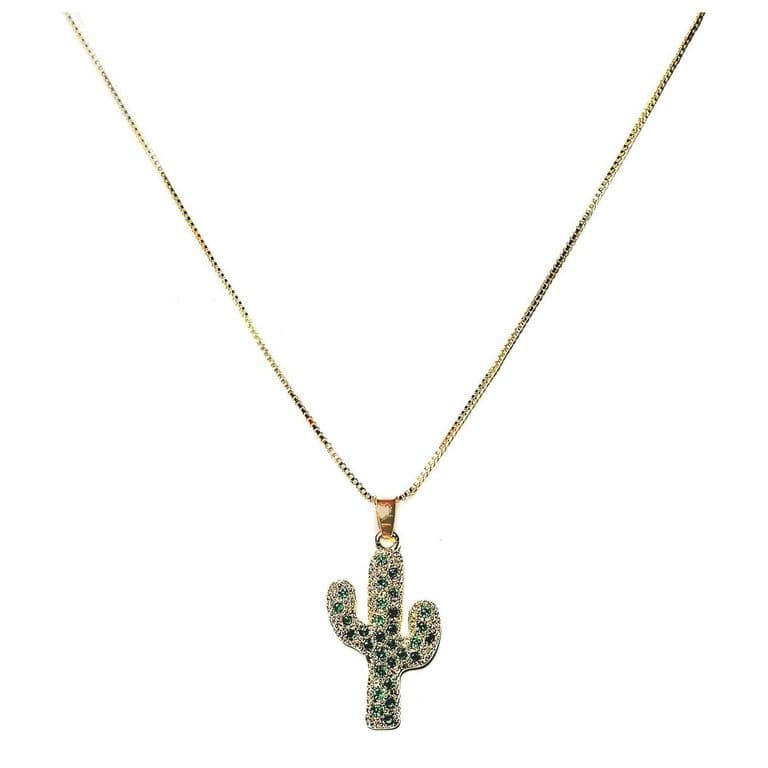 Collar Cactus Circon Verde 45cm Enchapado Oro 18K Dorado TALLA UNICA