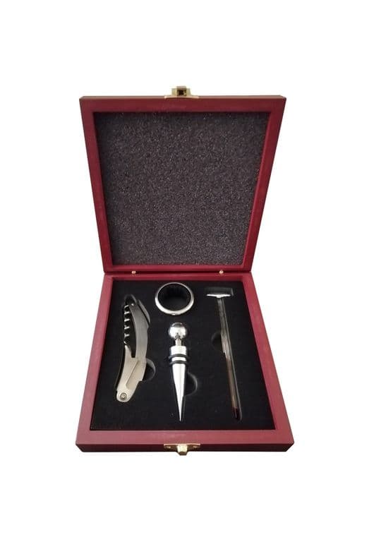 Set de Vino 4 Accesorios En Caja De Madera