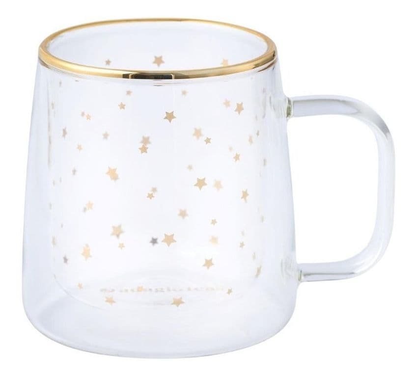 Taza Doble Vidrio Estrellas Doradas