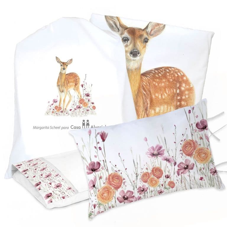 Juego de Cama Funda de Plumon + Sabana Bajera +2 Fundas Almohada Bambi Flores 1 Plaza