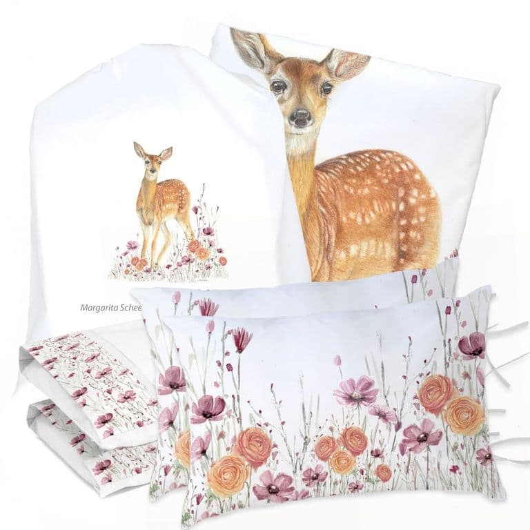 Juego de Cama Funda de Plumon + Sabana Bajera + 4 Fundas Almohada Bambi Flores 2 Plazas