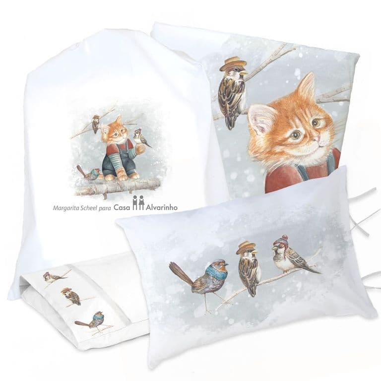 Juego de Cama Funda de Plumon + Sabana Bajera +2 Fundas Almohada Gatito y Amigos 1 Plaza