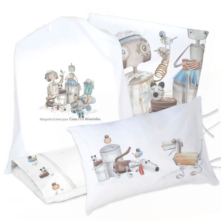 Juego de Cama Funda de Plumon + Sabana Bajera +2 Fundas Almohada Robots 1 Plaza