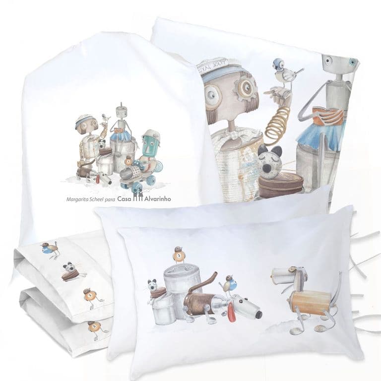 Juego de Cama Funda de Plumon + Sabana Bajera + 4 Fundas Almohada Robots 2 Plazas