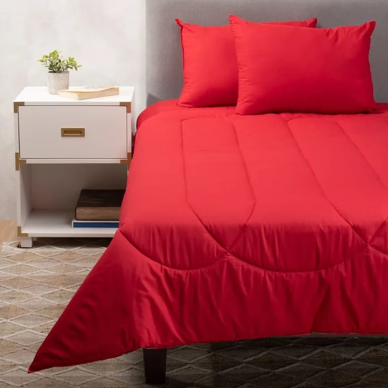 Plumon Rojo Gris 2 Plazas + Pack 2 Almohadas Rojo