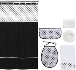 Cortina y Set de bano 7 piezas 180 x 180 cms circulos negros.