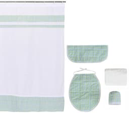 Cortina y Set de bano 6 piezas 180 x 180 cms blanco verde cuadrille
