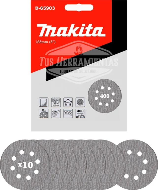 10 Discos Lija Velcro 125mm (5'') Grano 400 D-65903