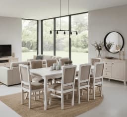 COMEDOR 8 Sillas NORMANDO 100x200 Respaldo Tapizado Beige