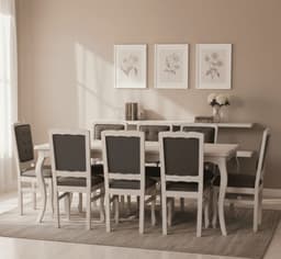 COMEDOR 8 SILLAS NORMANDO 100x200 Respaldo Tapizado Gris
