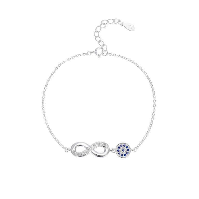 Pulsera Ojo Turco Infinito Circon Blanco Plata Fina 925 Plateado TALLA UNICA