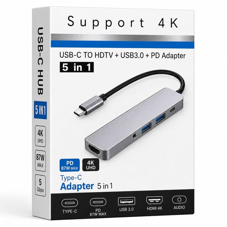 Adaptador Hub Usb-C Multipuertos 5 En 1 (Hdmi, Jack, Usb, Usb C)