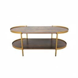 Mesa de Centro Opal Ovalada y Rustica con Estructura Metal y Doble Nivel - Cafe Oscuro