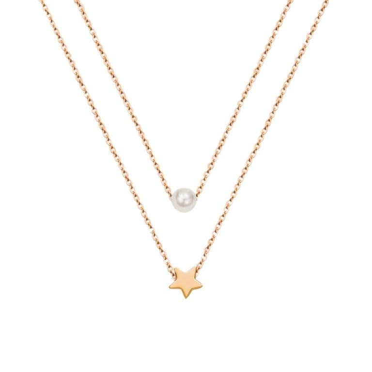Collar Bano Oro Rosado 18k Doble Perla Estrella Dorado TALLA UNICA
