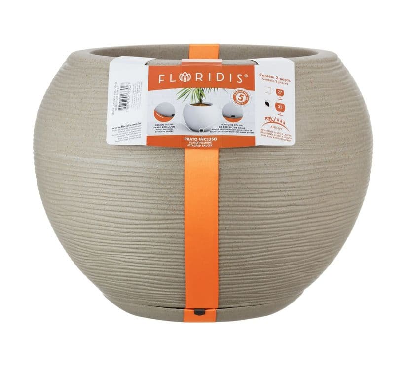 MACETERO BEIGE EFECTO PIEDRA 32CM ALTO CON PLATO