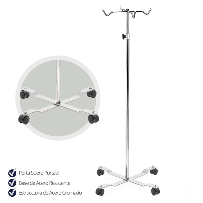 Porta Suero Pedestal 4 Ganchos 4 Ruedas