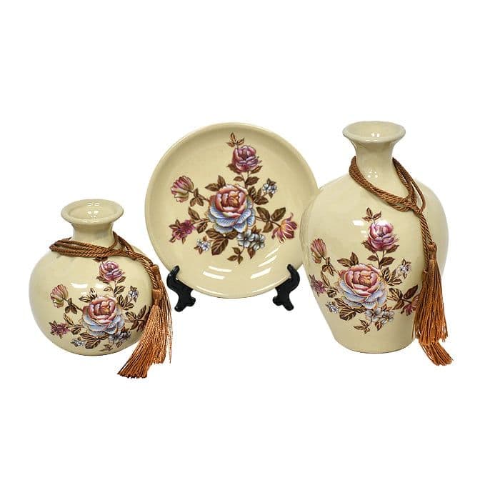 Floreros y Plato Decorativo Flores Beige