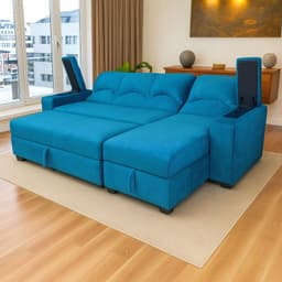 SECCIONAL CAMA BAUL FUNCIONAL 2 PZ DECO FELPA TURQUEZA DERECHO