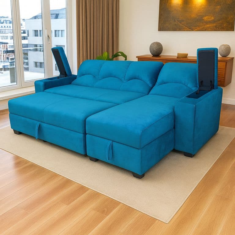 SECCIONAL CAMA BAUL FUNCIONAL 2 PZ DECO FELPA TURQUEZA DERECHO