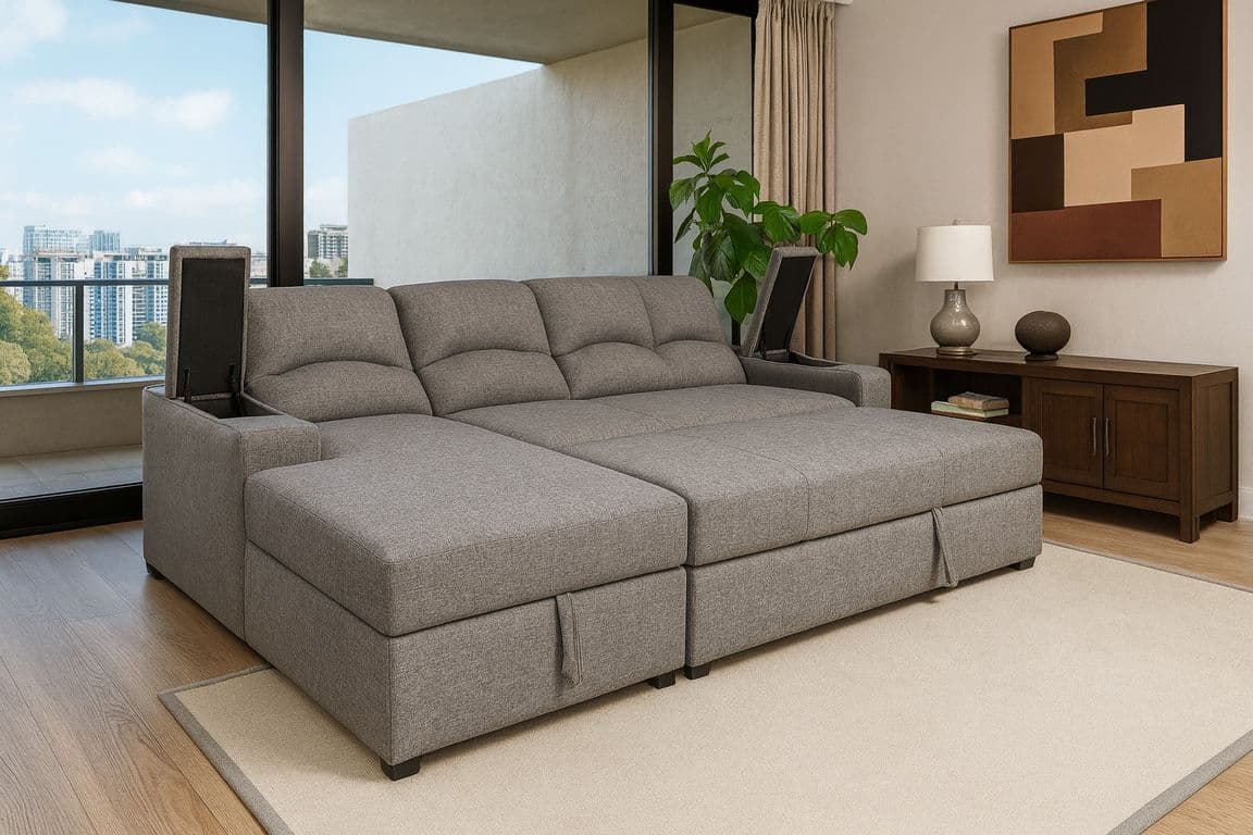 SECCIONAL CAMA BAUL FUNCIONAL 2 PZ DECO LINO GRIS IZQUIERDO