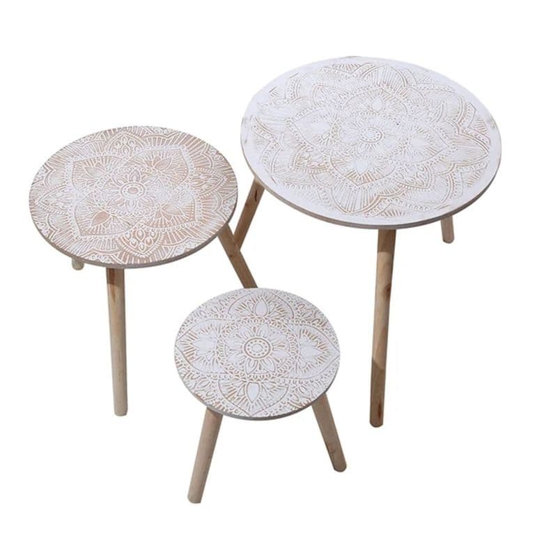 Set 3 mesas de centro madera mandalas