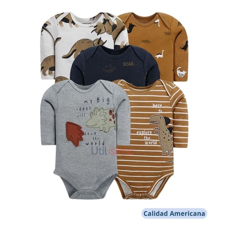 Pack 5 Bodys Nino Manga Larga Dinosaurios 100% Algodon Cafe 3 MESES