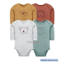 Pack 4 Bodys Nino Manga Larga Animales 100% Algodon Verde 3 MESES