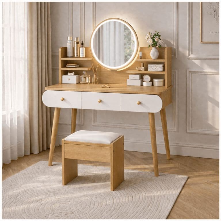 Tocador Madera Espejo Con Luz 100x40x120cm con taburete marron