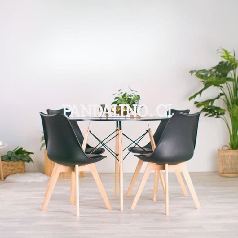 Comedor Mesa Redonda Estela Negra 80cm + 4 Sillas Tulip Negro Negro