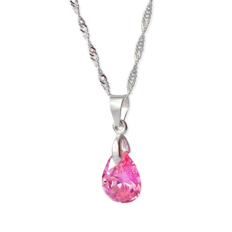 Cadena De Plata Singapur con Gota Rosa TALLA UNICA