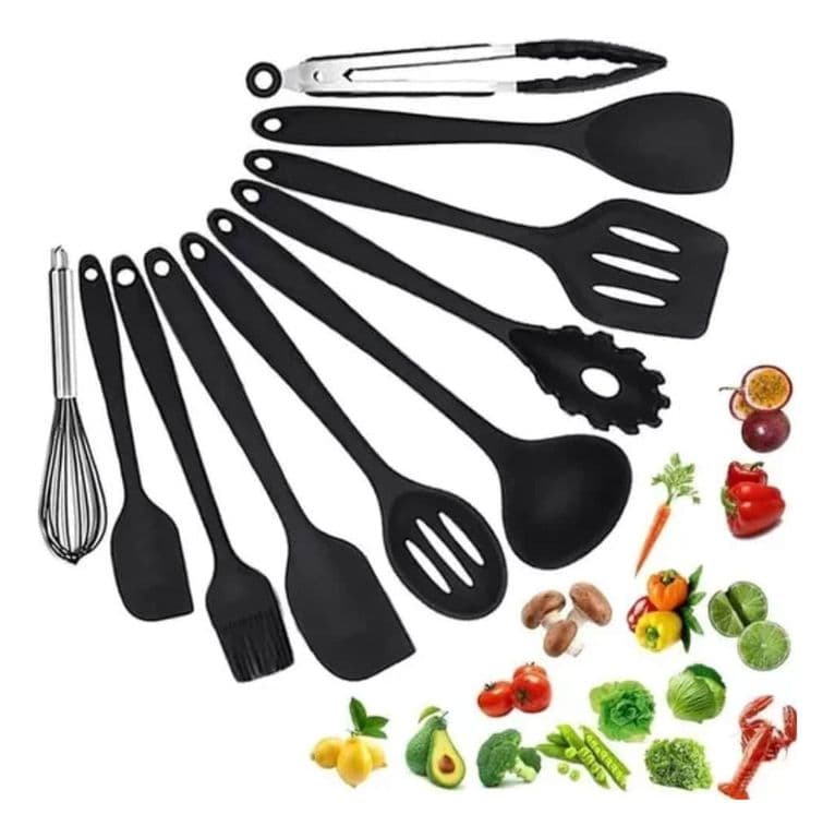 Set 10 Utensilios Cocina Silicona Antiadherente Negro