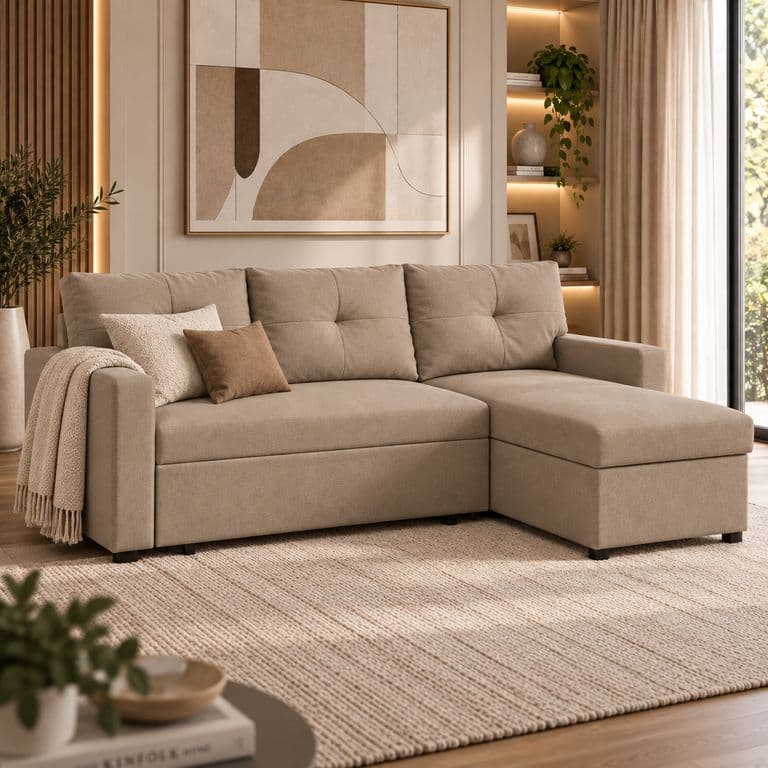 Sofa Cama 2 Plazas Beige Lino 212x72 Intercambiable y Almacenamiento Sidney