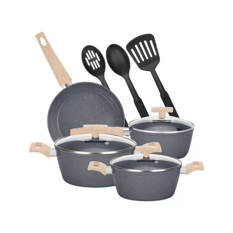 Juego Bateria 10 Piezas Cocina Granito Menaje Antiadherente PMM Negro.