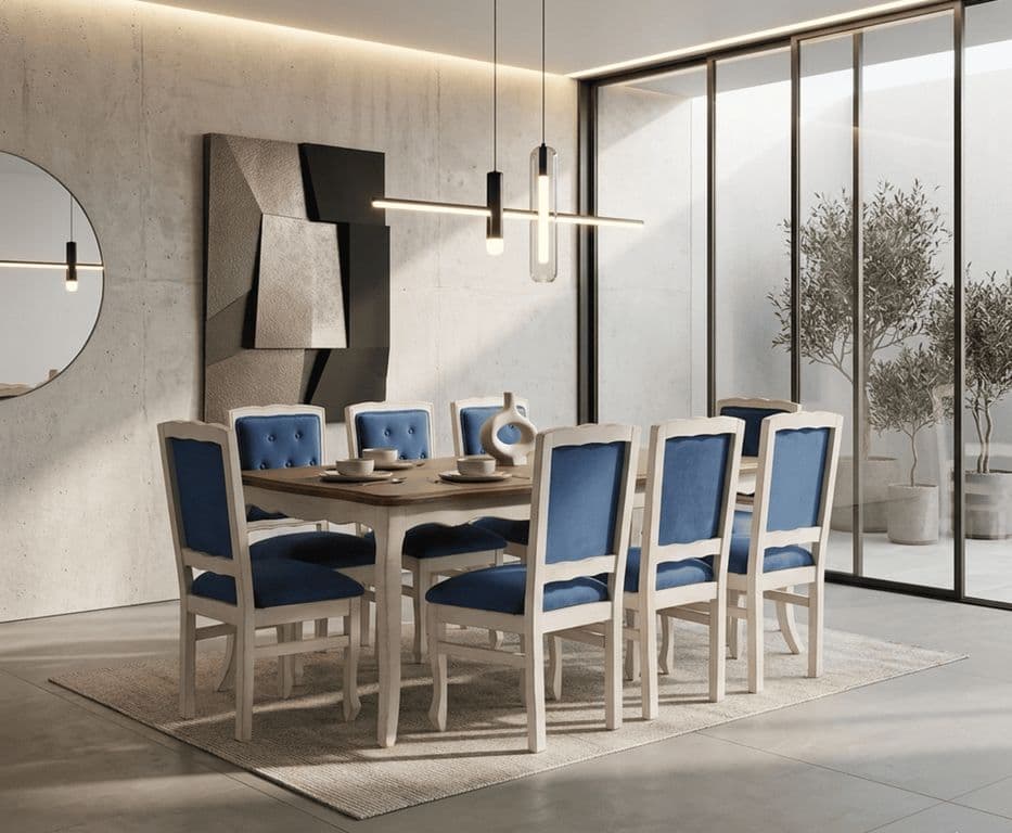 Comedor 8 sillas Normando 100x200 Sillas Respaldo tapizado Azul Cubierta Miel