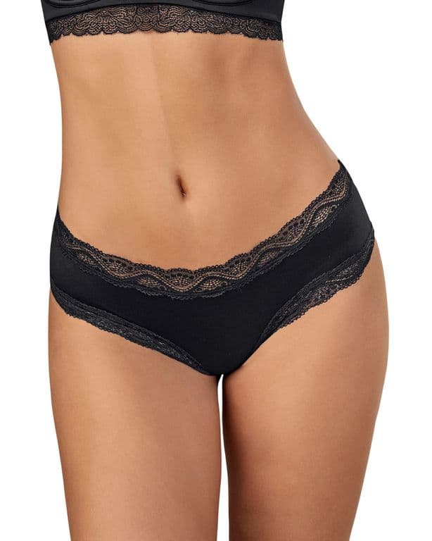 Calzon Hipster tiro medio en tela lisa y encaje 092044 Negro S