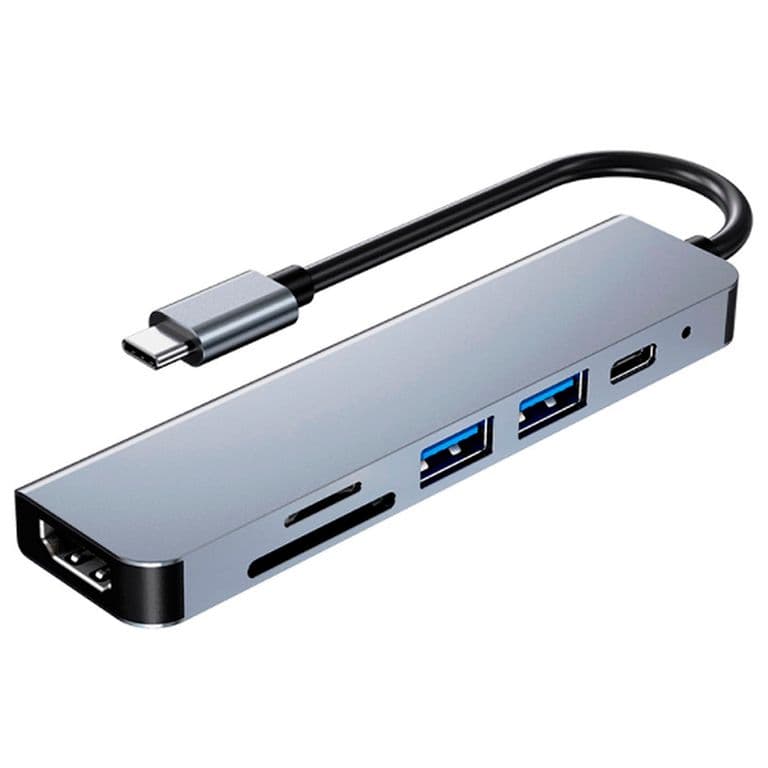 Adaptador USB-C 6 En 1 BYL-2010 HDMI 4k+Usb3.+Usb2+SD+TF+PD Gris