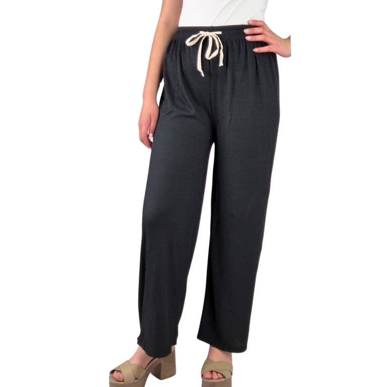 Pantalon Palazzo Acanalado Mujer Cintura Elasticada Verano Colores 369 Negro TALLA UNICA
