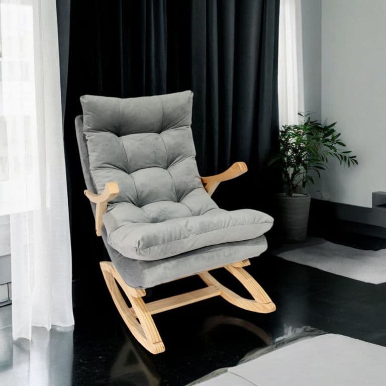 SILLA MECEDORA COQUETTE CON APOYA BRAZO GRIS FELPA