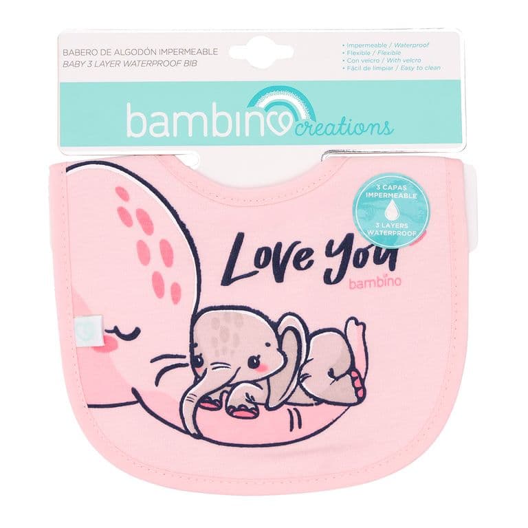 Babero De Algodon Impermeable Rosado Elefantes Nina