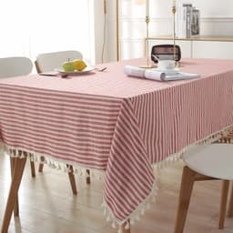 Mantel Rectangular Lineas Rojas y Beige con Borlas 140 cm x 200 cm