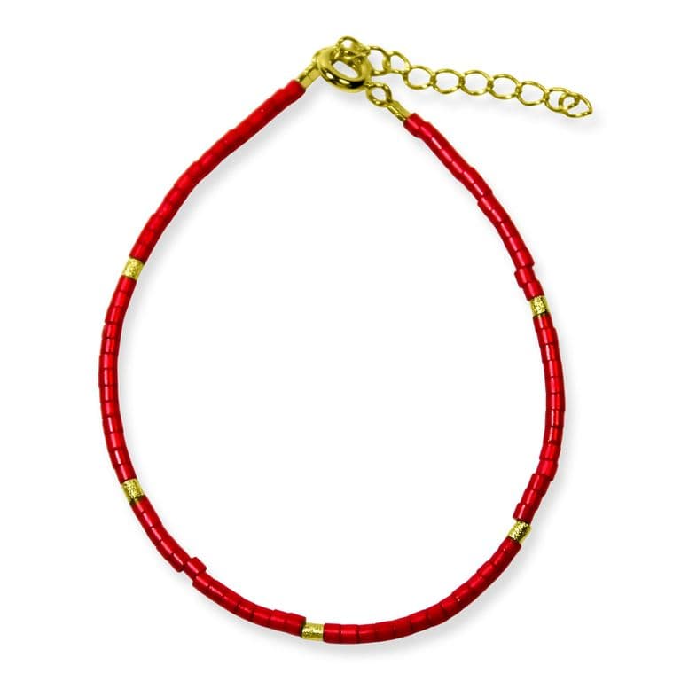 Pulsera Mostacilla Roja Enchapada Oro 18K Dorado TALLA UNICA