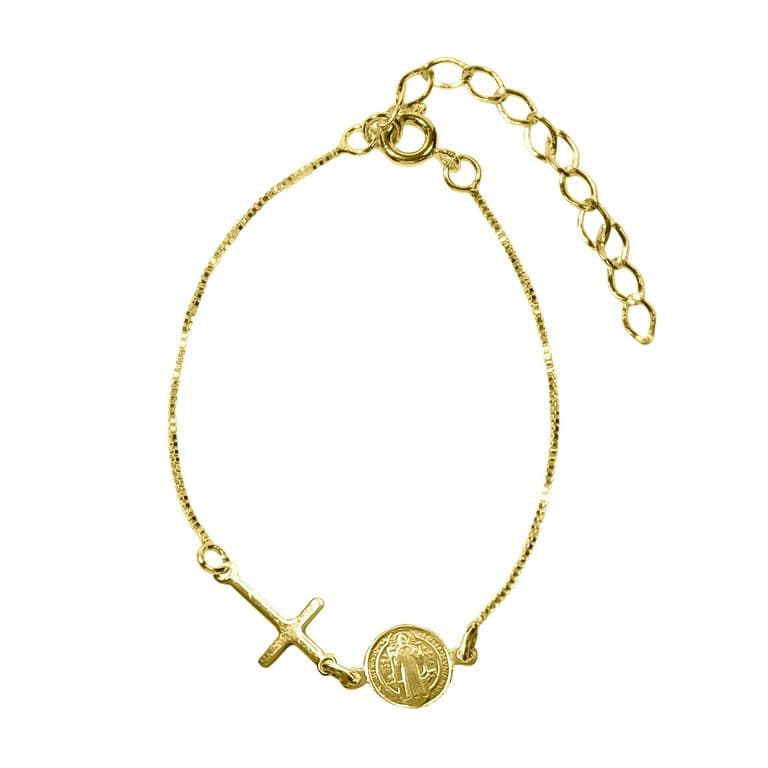 Pulsera Medalla San Benito Cruz Nina Enchapada Oro 18K Dorado TALLA UNICA
