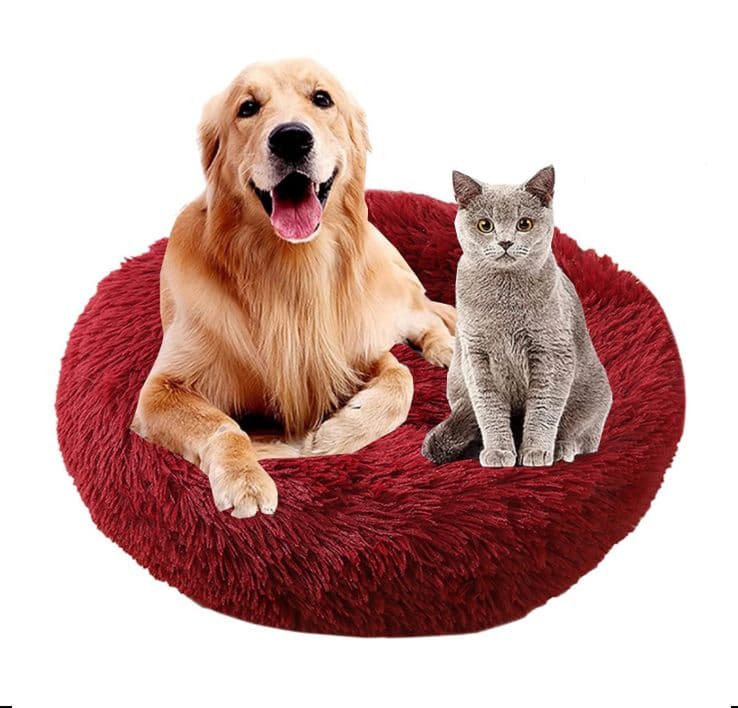 Cama Antiestres Felpa para Mascotas Perros Gatos 70cm Rojo