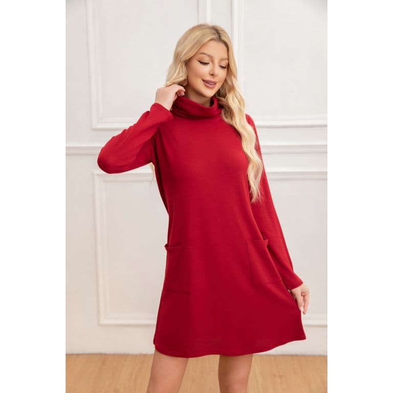 Sweater Mini Vestido Corto Tejido Mujer Cuello Alto Doble 2001 Rojo XL/2XL
