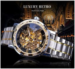 Reloj Mecanico Automatico Hombre Cristales Rhinestone Acero Inoxidable Correa Acero Inoxidable Dorado TALLA UNICA