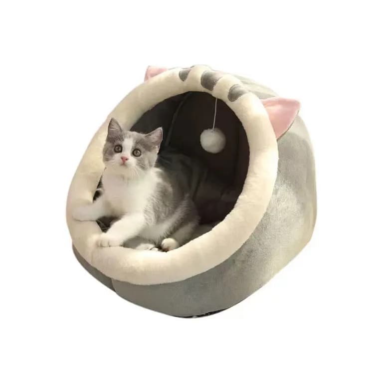 Casa Cama Suave para Gatos con Juguete Colgante Gris