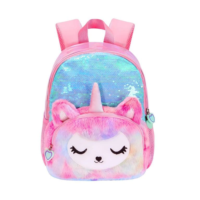 Mochila Escolar Unicornio Felpa Brillos Lentejuelas Rosa 5