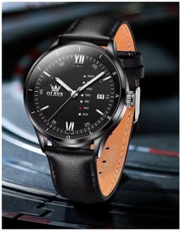 Reloj Clasico de Hombre con Calendario Completo Correa de Cuero Negro TALLA UNICA