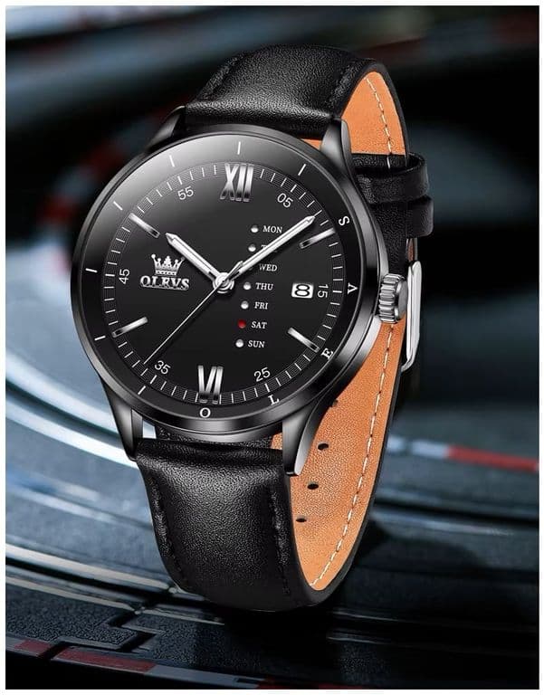 Reloj Clasico de Hombre con Calendario Completo Correa de Cuero Negro TALLA UNICA