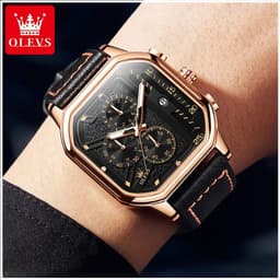 Reloj Cuadrado de Hombre Cronografo Correa de Cuero Resistencia agua 30m Cuarzo Japones Negro TALLA UNICA